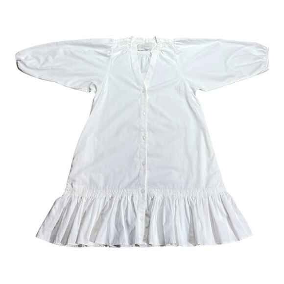 Brochu Walker White Cotton Poplin Drop Waist Ruffle Hem Dress Small - Picture 1 of 3